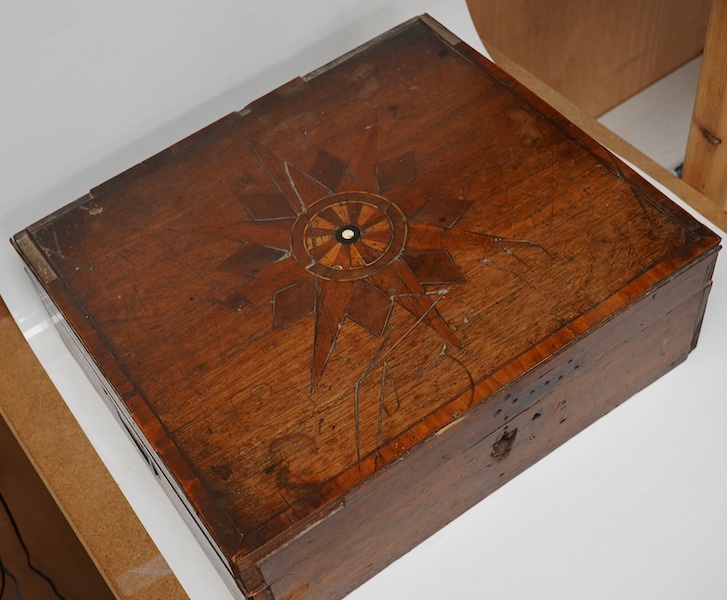 A rare 19th century mariner's box of shells, the mahogany box with cross banding and marquetry lid in the form of a compass, containing a collection of shells and mineral samples on two layers, with lift out tray, dimens